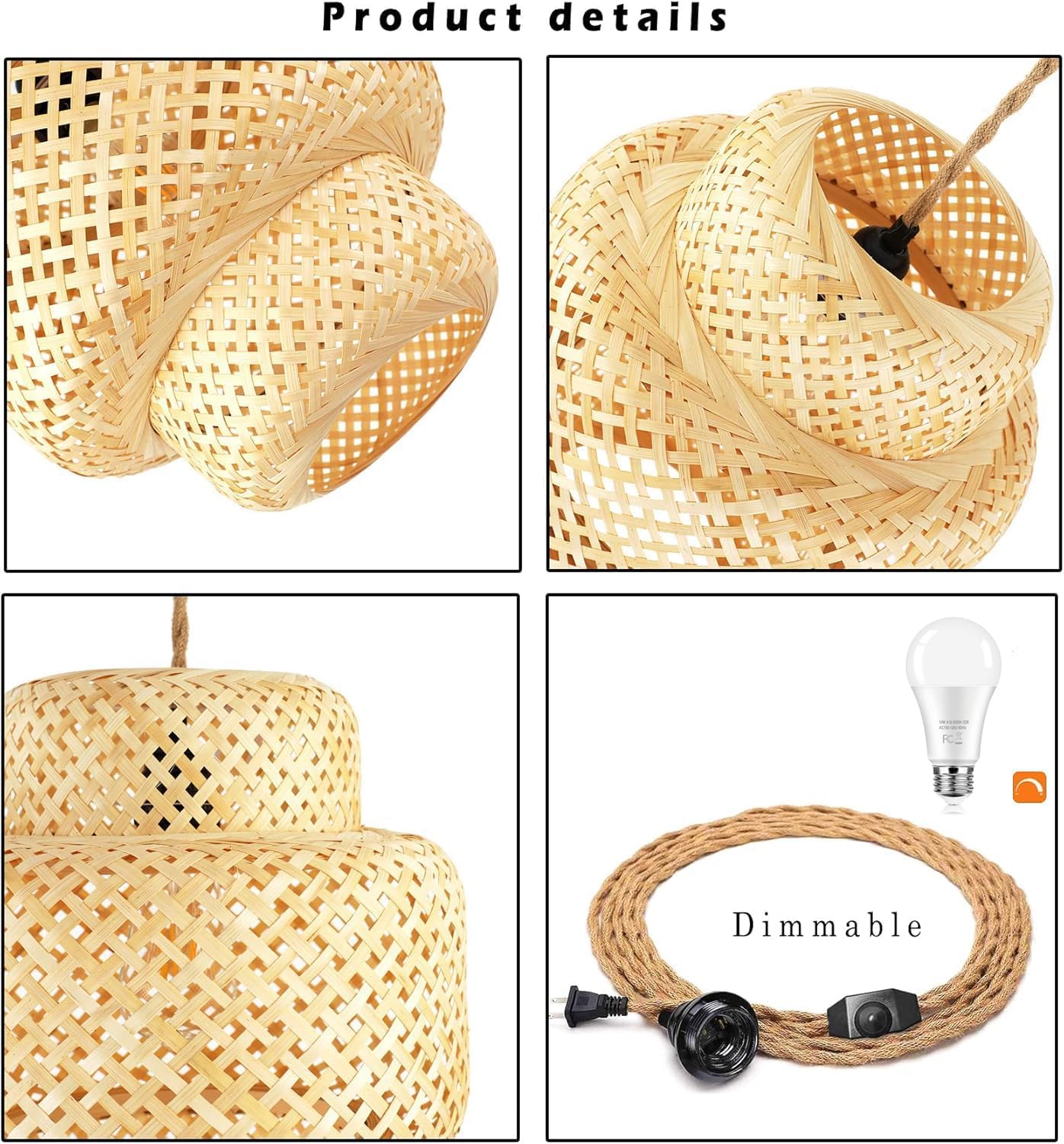 Plug in Pendant Light Rattan Hanging Lights with Plug in Cord Bamboo Hanging Lamp Dimmable,Handmade Woven Boho Wicker Basket Lamp Shade,Plug in Ceiling Light Fixture for Living Room Bedroom Kitchen